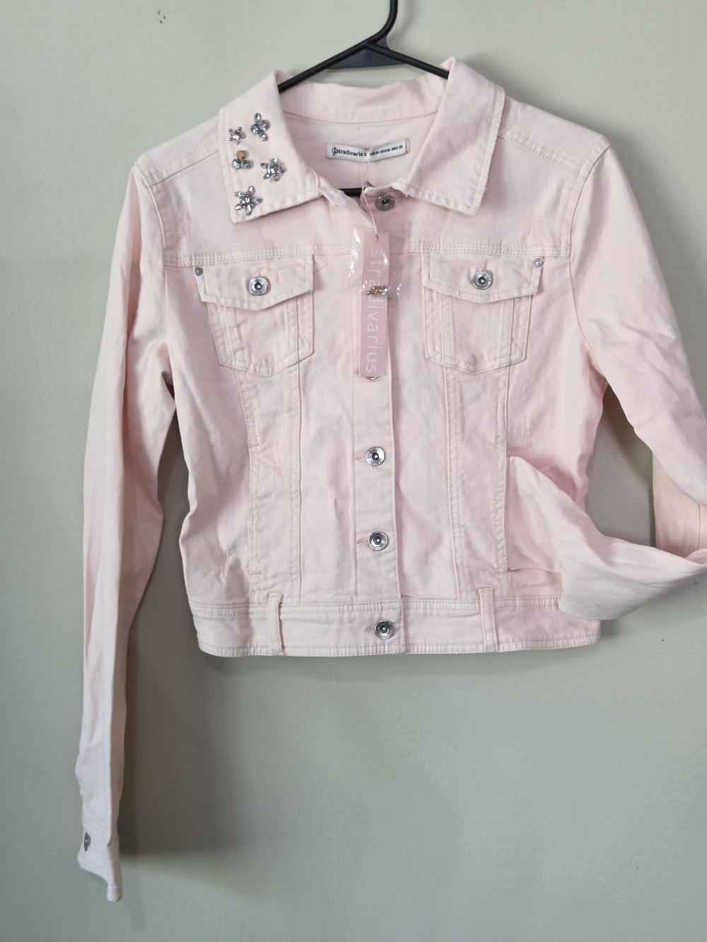 stradivarius Pale Pink Denim Jacket with Crystal Collar Accents